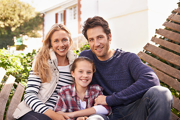 Image showing Garden hammock, family portrait and relax parents, child and people bond, support and spending quality time together. Backyard, happy childhood and Italy mother, dad and kid enjoy outdoor spring