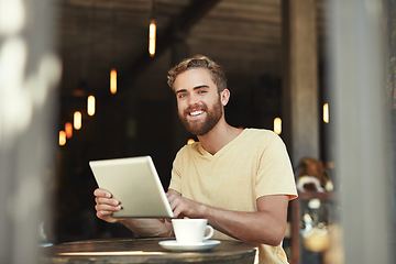 Image showing Cafe portrait, tablet and happy man, customer or freelance worker doing online project, research or report article. Scroll, smile or person work on restaurant insight, data or store sales statistics