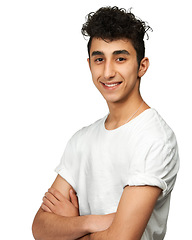 Image showing Fashion, confident and portrait of man in studio with smile, happiness and pride on white background. Crossed arms, happy and face of isolated young male person in trendy casual clothes in Armenia