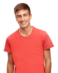 Image showing Fashion, smile and portrait of man in studio with confidence, attractive and pride on white background. Happy, confident and face of isolated handsome young male person with trendy casual clothes