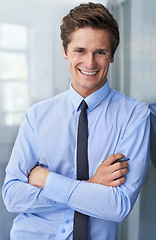 Image showing Crossed arms, smile and portrait of professional man, business consultant or agent happy for job success. Happiness, confident person and relax businessman, accountant or expert with career pride