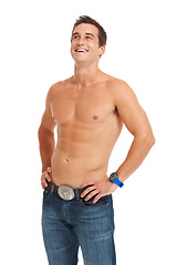 Image showing Man, body and laugh with muscle, jeans or fitness for clothes, wellness or health by white background. Isolated, bodybuilder and vision for development, growth or shirtless fashion by studio backdrop