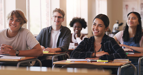 Image showing Education, university and students sitting in a classroom for learning, studying or future development. School, college and scholarship with a group of pupils in class lecture together to learn