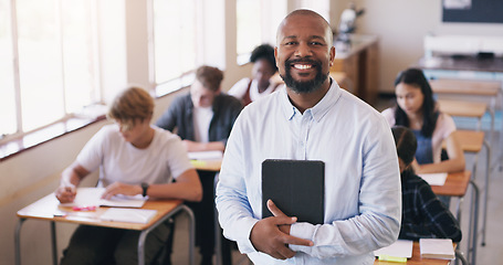 Image showing Portrait, black man and teacher in a class, students and smile with knowledge, education and development. Face, male person and educator with a test, exam or learning in a school, happiness or growth