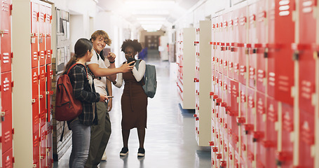 Image showing Happy, friends and phone for social media at school, communication and streaming for education. Smile, diversity and group of students on mobile app in hallway for learning and internet conversation