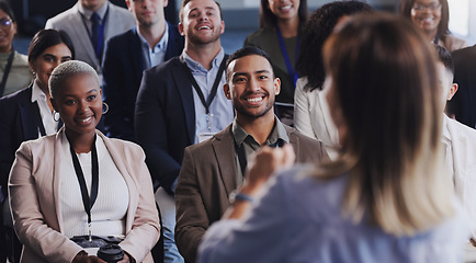 Image showing Audience, conference and business people listening to speaker at a seminar, workshop or training. Diversity men and women crowd at a presentation for learning, knowledge and corporate discussion