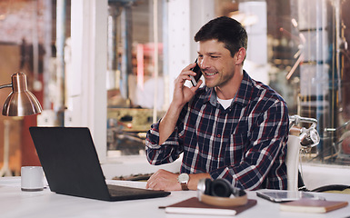 Image showing Phone call, laptop and male carpenter in the workshop doing research for a carpentry project. Communication, technology and man industrial worker on a mobile conversation working in warehouse office.