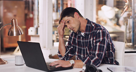 Image showing Headache, tired and a man with a laptop and stress from an email, project or communication. Frustrated, anxiety and a businessman reading a chat on a computer about a mistake or work fail in office