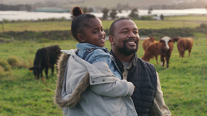 Image showing Happy, farming and father and child on a farm for sustainability, cattle and agriculture. Smile, African and a girl kisd learning about animals in the countryside for sustainable business and freedom