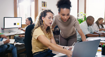 Image showing Talking, planning and business people in training with a laptop for leadership and mentoring. Meeting, project management and women speaking about online strategy, ideas or inspiration at work