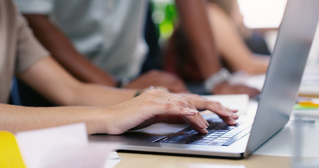 Image showing Laptop, hands and closeup of woman typing while working on a corporate project in the office. Technology, professional and female employee doing research on a computer with a keyboard in workplace.