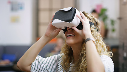 Image showing VR, future and woman in the metaverse, digital or virtual reality in a technology agency or futuristic startup company. Smile, fantasy and person happy to use internet, online and 3D web tech