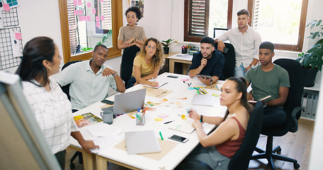 Image showing Planning, presentation and business people brainstorming in office boardroom while doing research. Collaboration, teamwork and group of corporate employees working on project in meeting in workplace.