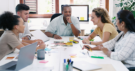 Image showing Business people, meeting and design team in office, planning and collaboration. Teamwork, group and designers, men and women brainstorming strategy, creative discussion and cooperation in workplace.