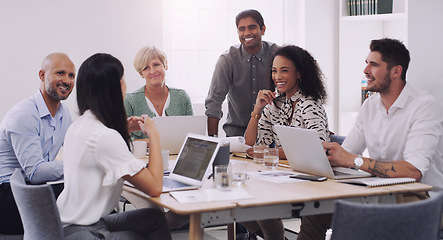 Image showing Business people, group and team in a meeting, planning and conversation for a project, brainstorming and collaboration. Staff, coworkers and men with women, laptop and documents for profit growth