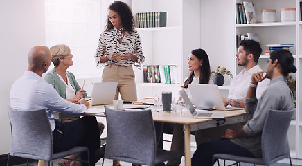 Image showing Professional, discussion and meeting about a strategy and teamwork for a startup at the office. Business, people and team working together with planning for a presentation with tech at a company.