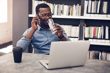 Image showing Drinking water, architect and black man with computer on a call with digital information in office. Company employee, architecture worker and African male person with mobile communication and smile