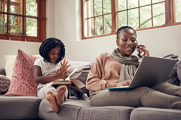 Image showing Black woman, phone call and laptop with child in home with book on a computer with remote work. Happy, kid and mobile connection of a girl reading with mama in a conversation from freelancer job