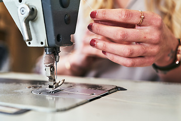 Image showing Sewing machine, seamstress woman hands and fashion designer with thread work. Small business, entrepreneur and female tailor with boutique and creative worker working with machinery for clothing