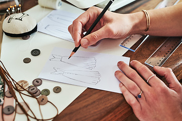 Image showing Woman, hands and fashion design drawing for planning, idea or sketching on office desk above. Hand of creative female person, artist or graphic designer for clothing sketch, ideas or startup on table