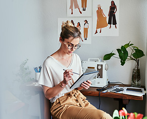 Image showing Fashion, woman and designer with a tablet, workshop and typing with startup success, planning and update schedule. Female person, worker and entrepreneur with technology, creative and search website