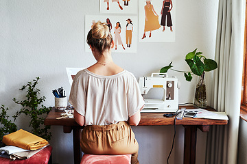 Image showing Fashion, design and back of woman at sewing machine in small business, creative ideas and focus in studio. Creativity, sustainable startup and designer, tailor or young entrepreneur working at table.