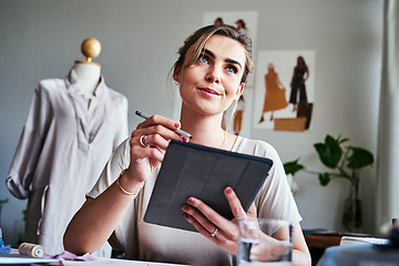 Image showing Fashion, thinking and digital sketch, woman with ideas, mannequin and focus on small business in studio. Creativity, textile and designer working on drawing on tablet with pattern and illustration.