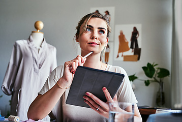 Image showing Fashion, thinking and woman design idea, tablet and mannequin, small business and creative process in studio. Creativity, textile and designer working on digital sketch with pattern and illustration.