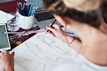 Image showing Woman, hands and fashion designer drawing sketch for planning, idea or project on office desk. Hand of creative female person, artist or graphic design sketching clothing ideas for startup on table