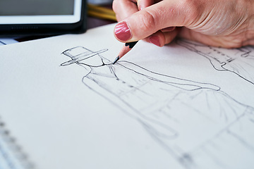 Image showing Woman, hands and fashion design closeup of drawing on paper in planning, idea or sketching on desk. Hand of creative female person, artist or graphic designer for clothing sketch ideas for startup