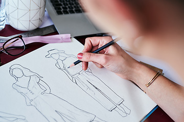 Image showing Woman, hands and fashion designer drawing on paper for planning, idea or sketch on office desk. Hand of creative female person, artist or graphic design sketching clothing ideas for startup on table