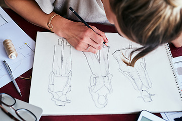 Image showing Woman, hands and fashion design drawing on paper for planning, idea or sketching on office desk above. Hand of creative female person, artist or graphic designer for clothing sketch ideas for startup