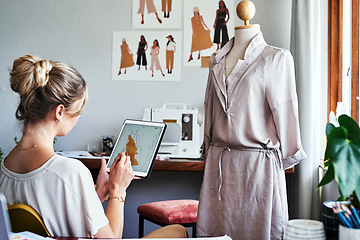 Image showing Fashion, woman drawing design on tablet with mannequin, small business ideas and creative process in studio. Creativity, textile and designer working on digital sketch with pattern and illustration.