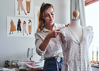 Image showing Fashion, mannequin and happy woman with measuring tape, creativity and small business clothing boutique. Happiness, designer or tailor working on dress, design for clothes in creative startup studio.