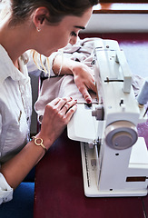 Image showing Fashion, textile and happy woman at sewing machine from above for small business ideas and focus in studio. Creativity, start up and designer, tailor or entrepreneur at table stitching fabric at desk