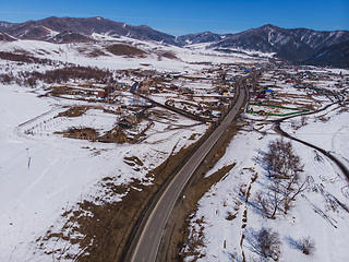 Image showing Aerial view of a winter road
