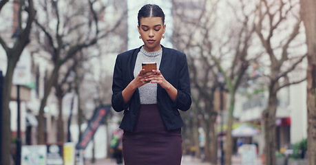 Image showing City, business and woman with a smartphone, typing and connection for social media, website info and communication. Female person, employee and consultant with a cellphone, online reading and outdoor