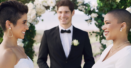 Image showing Wedding, happiness and lesbian couple at altar with smile, love and officiator for ceremony. Lgbt marriage, celebration and happy woman with bride, diversity and lgbtq pride, women making commitment.