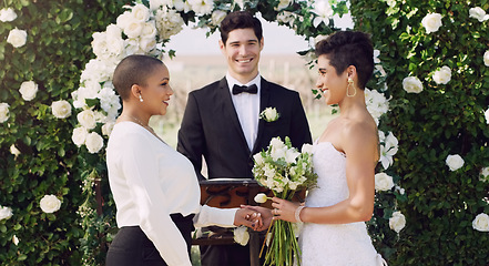 Image showing Wedding, commitment and happy lesbian couple at altar with smile, love and minister for ceremony. Lgbt marriage, celebration and happy woman with bride, diversity and lgbtq pride, happiness for women