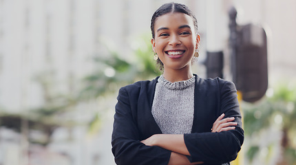 Image showing Portrait, city or woman with arms crossed, business or confident girl with happiness, consultant or career. Face, female person or employee with a smile, outdoor or professional with entrepreneurship