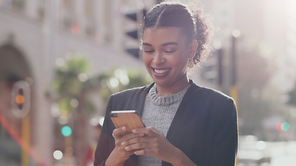 Image showing Smile, business and woman with a smartphone, city and typing with connection, network and social media. Female person, employee outdoor and consultant with cellphone, mobile app and online reading