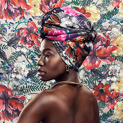 Image showing Fashion, beauty and profile of black woman on flower background with glamour, cosmetics and makeup. Floral pattern, design and face of female person in exotic jewelry, African style and head scarf