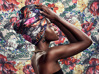 Image showing Fashion, beauty and black woman with scarf on flower background with glamour, cosmetics and makeup. Floral pattern, designer and face of female person in exotic jewelry, African style and head turban