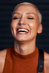 Image showing Young woman, laughing and portrait with hipster and gen z fashion with a smile and piercing. Cool style, face and cosmetics of a female person with happiness, confidence and jewelry wearing makeup