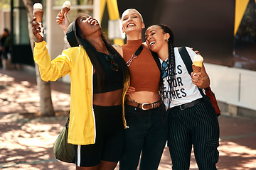 Image showing Woman friends, ice cream and street in city with edgy gen z fashion, summer and happiness on travel. Group, young women and students with smile, gelato or dessert on vacation with crazy laughing