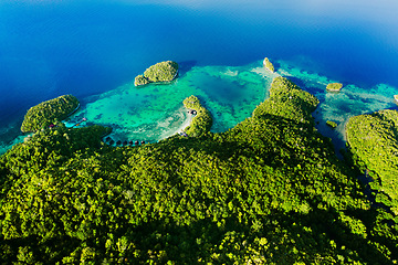 Image showing Island, nature and drone view of freedom, travel and explore, travel and trip with zen. Tropical, water and location for tourism, peace and beautiful scenery, earth and summer in Fiji from above