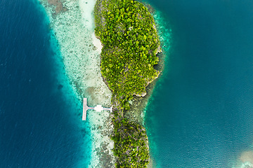 Image showing Travel, top view and landscape of island for adventure, holiday and summer vacation in Mauritius. Nature, seascape and aerial drone of destination in tropical water, ocean and traveling on islands