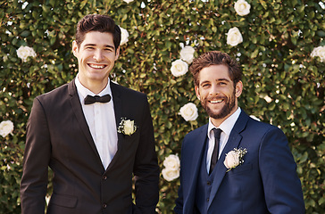 Image showing Groom, best man and wedding portrait outdoor with smile and happiness in nature. Happy men together in garden for formal celebration event with elegant clothes, suit and friends on green background