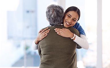 Image showing Healthcare, hug and nurse with senior woman, care and diagnosis with positive news, help and happiness. Female person, employee or medical professional with patient, lady and embrace for consultation