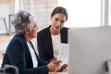 Image showing Mentor, coaching or business women with documents talking, speaking or planning project in office. Paperwork, teamwork collaboration or senior manager reading with intern for administration training